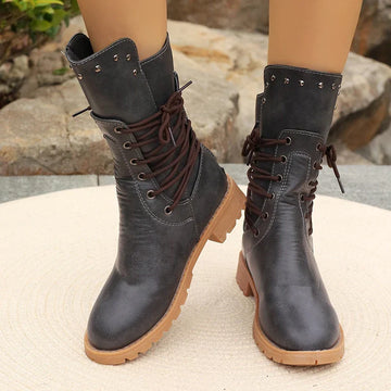 Xajzpa  Autumn Winter Lace Up Mid Length Boots Women Retro Rivet Large Size Pu Leather Boots Fashion Solid Thick Heel Ladies Boots